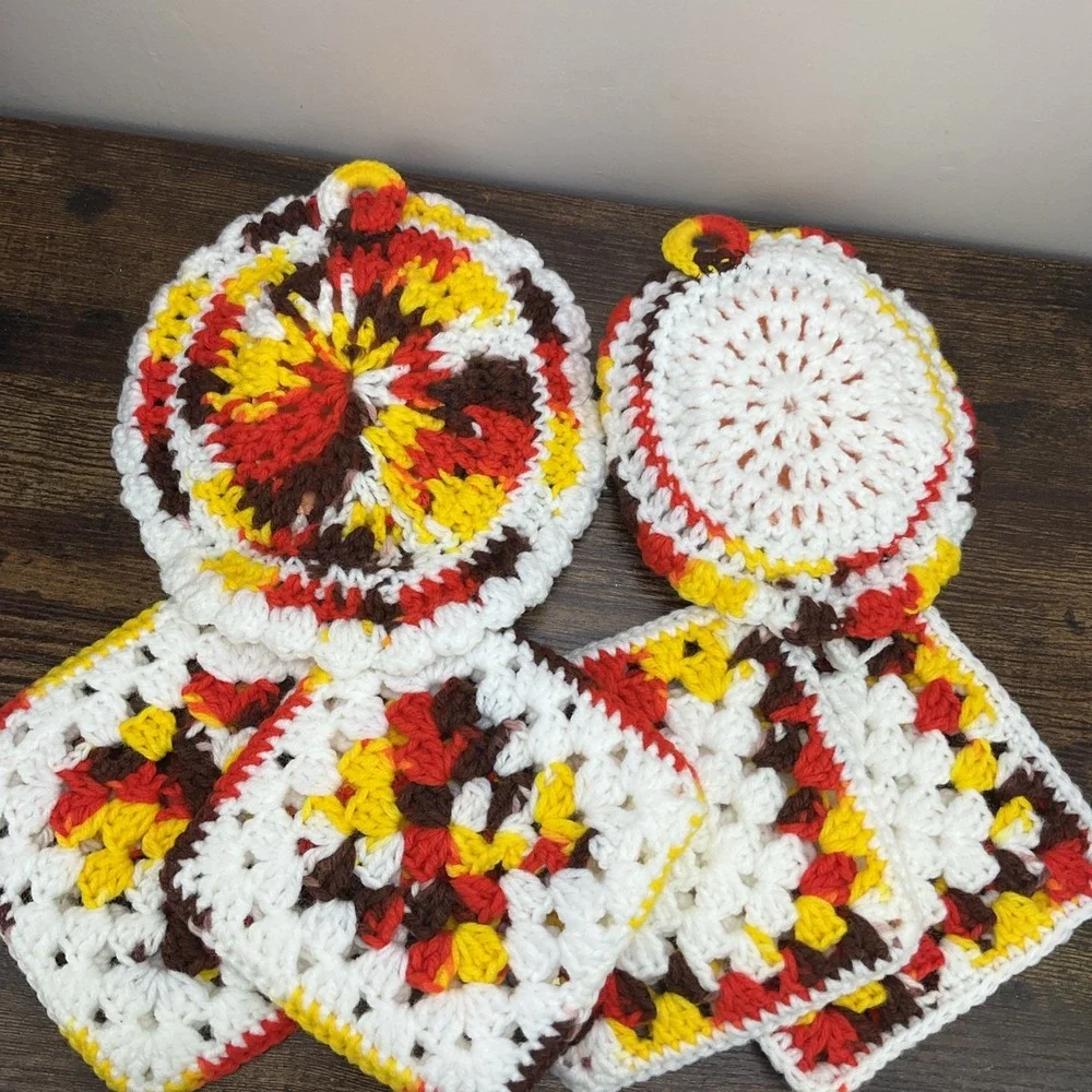 Two Hand Crochet Baby Face with Two Pot Holders Vintage Kitchen Decor